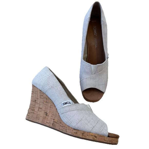 TOMS Classic Espadrille Wedge 7.5 Cork Platform Open Toe Crosshatch Jacquard - Picture 2 of 14